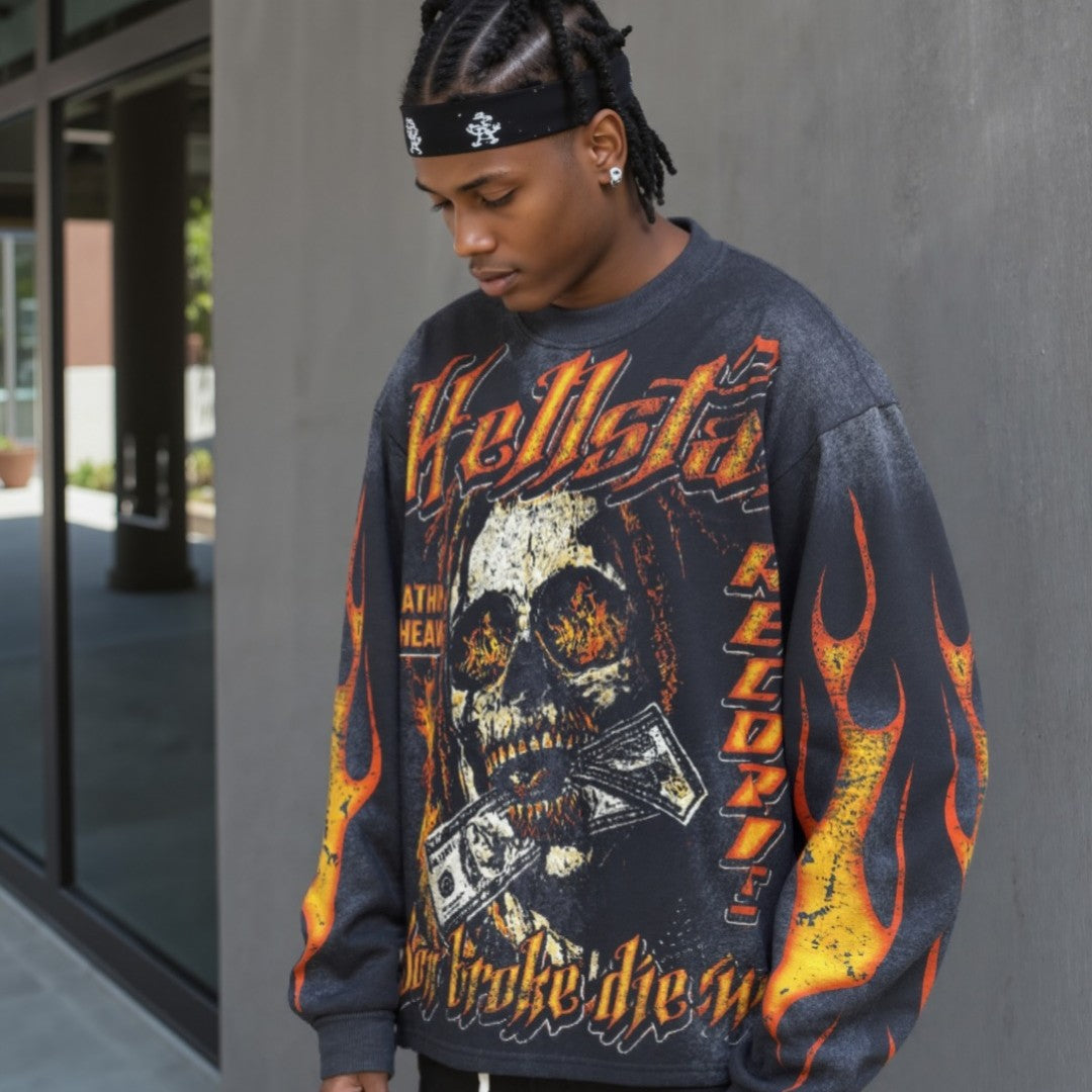 HELLSTAR ヘルスター スカルプリント クルーネック 長袖スウェット ブラックウォッシュ