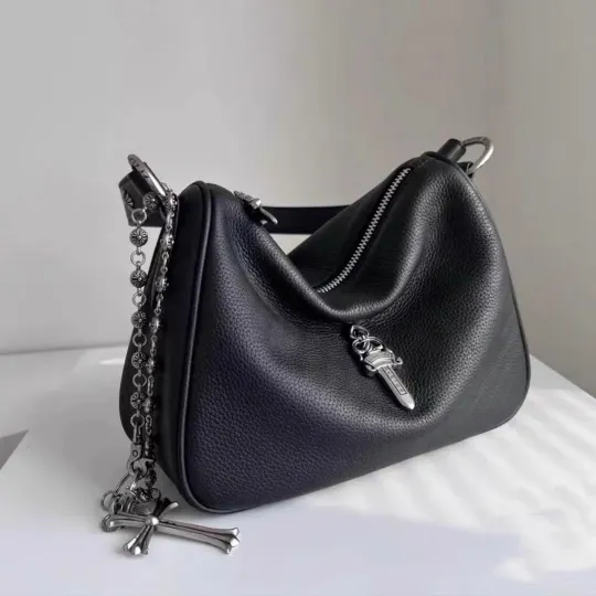 CHROME HEARTS クロムハーツ カーフレザー ホーボーバッグ ブラック レザーバッグ メンズ レディース CH2003