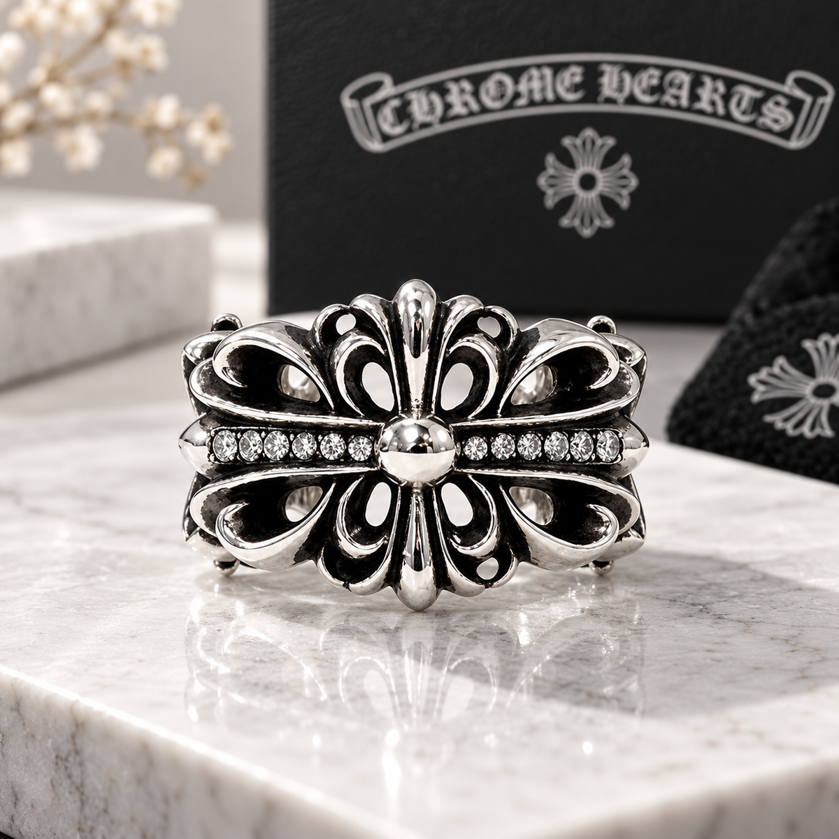 CHROME HEARTS クロムハーツ ダブルフローラルクロス ダイヤ リング