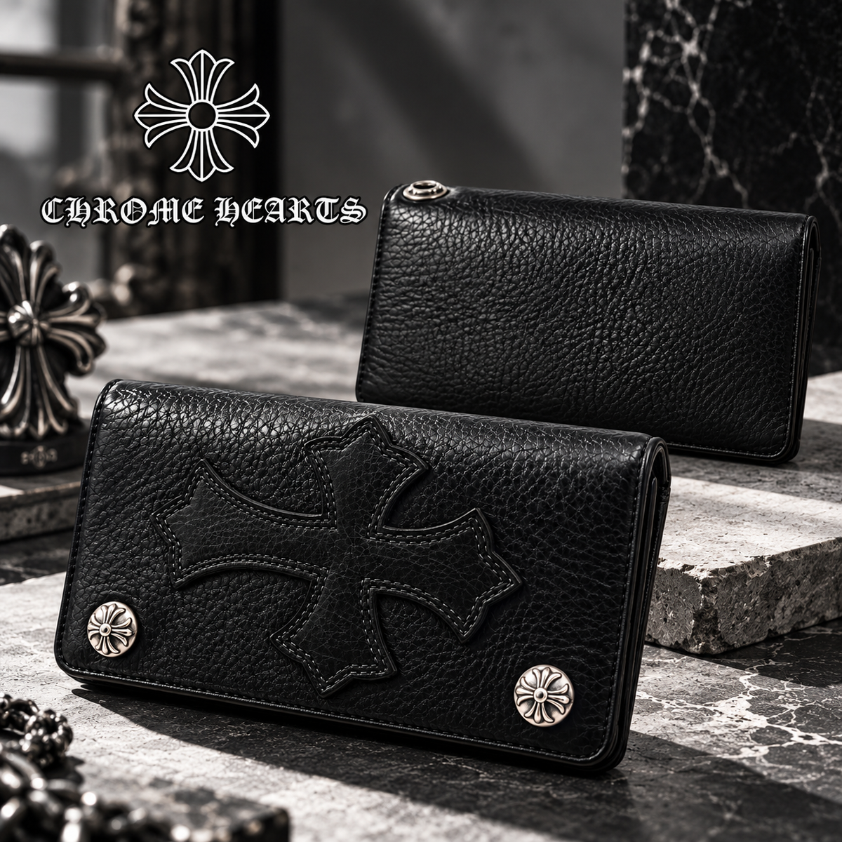 CHROME HEARTS クロムハーツ 1ジップ クロスボタン クロスパッチ レザーウォレット 財布 メンズ レディース CHROMEBAGS003