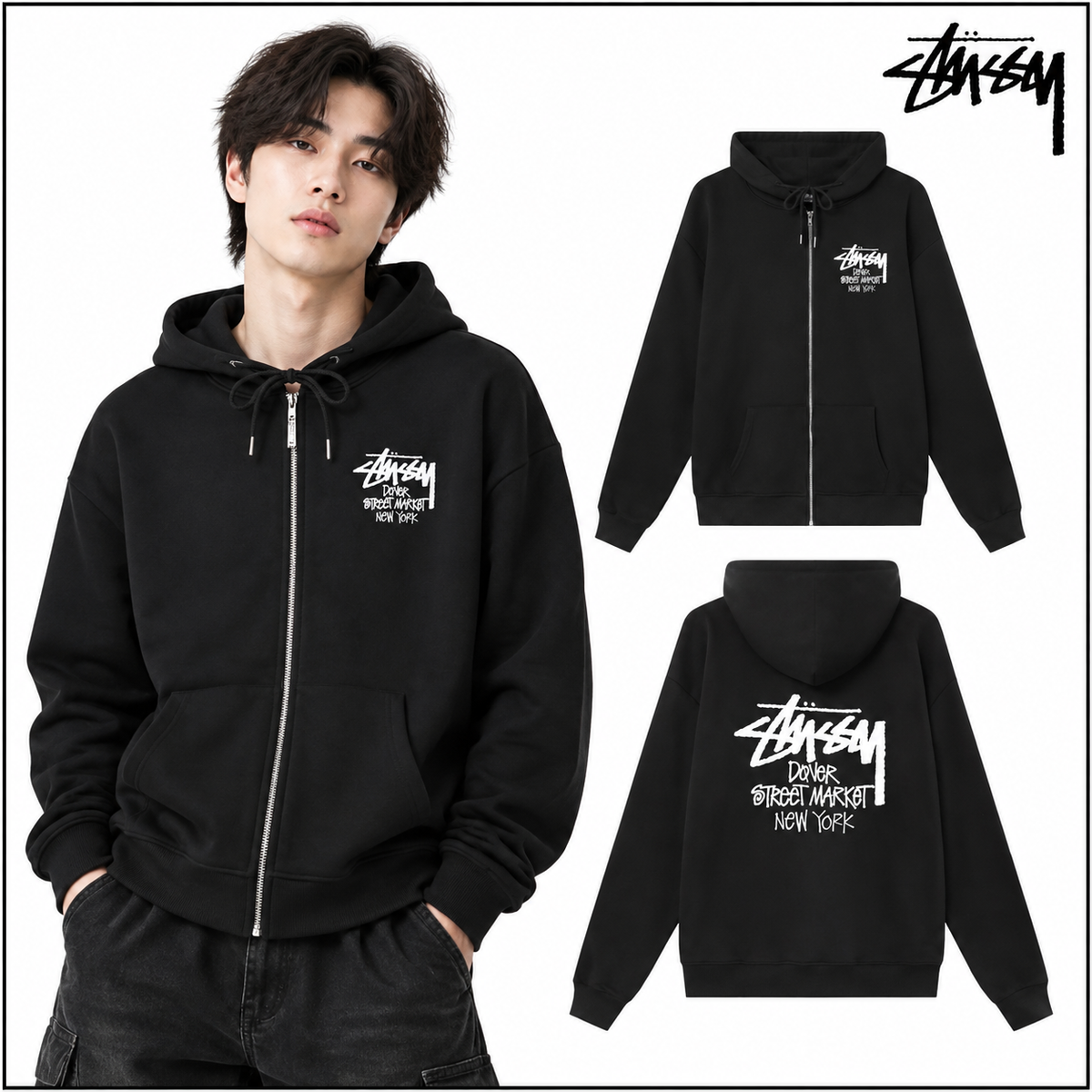 STUSSY スタシー DSM都市限定コレクション NEW YORK プリント ジップアップ フーデッドジャケット HN322 ブラック