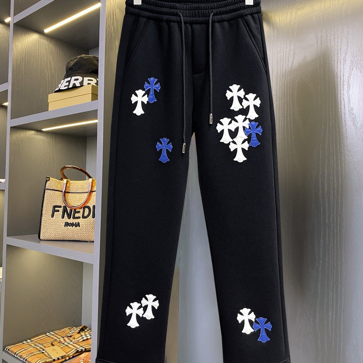 CHROME HEARTS クロムハーツ ホワイト＆ブルー クロス イージーパンツ ブラック リラックスフィット
