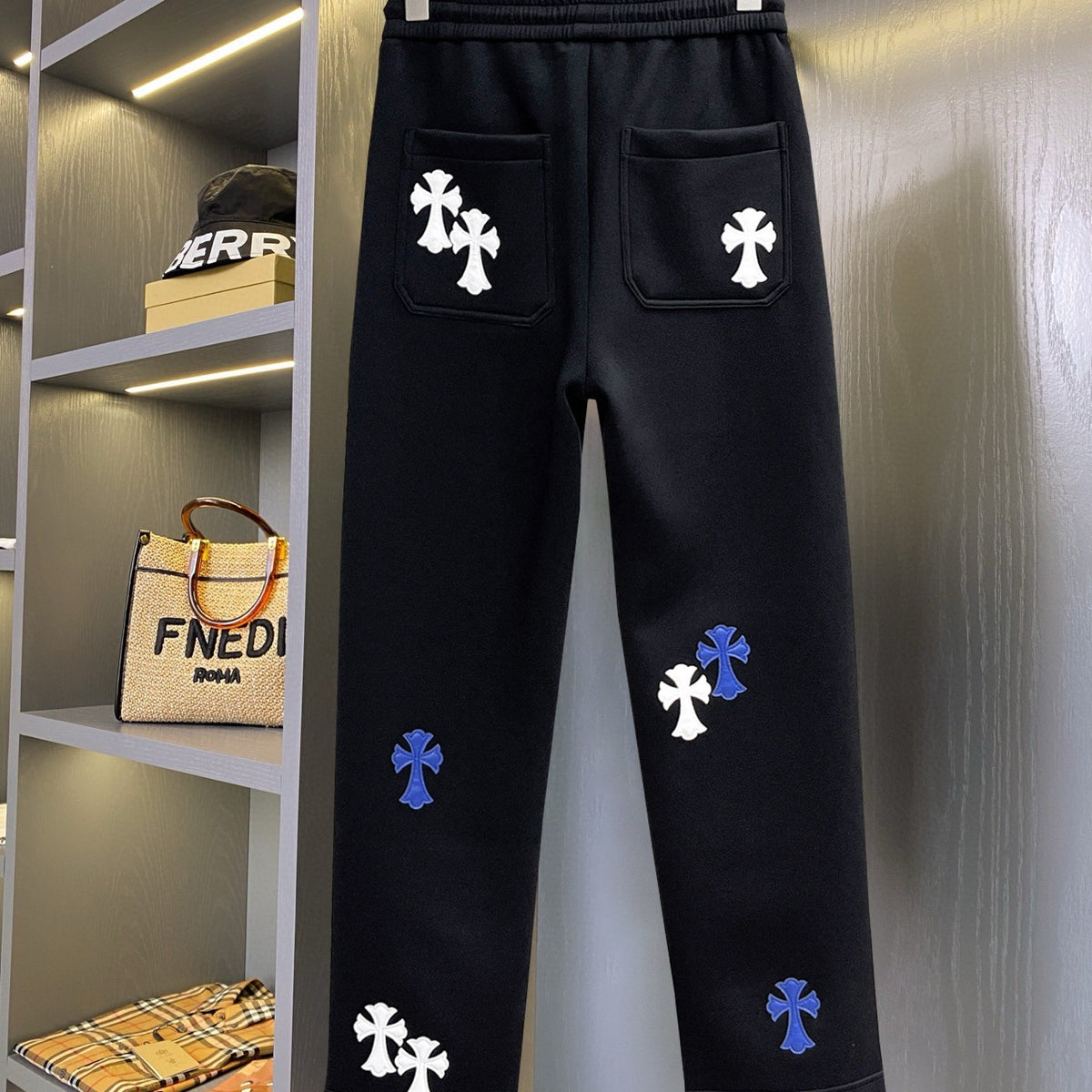 CHROME HEARTS クロムハーツ ホワイト＆ブルー クロス イージーパンツ ブラック リラックスフィット
