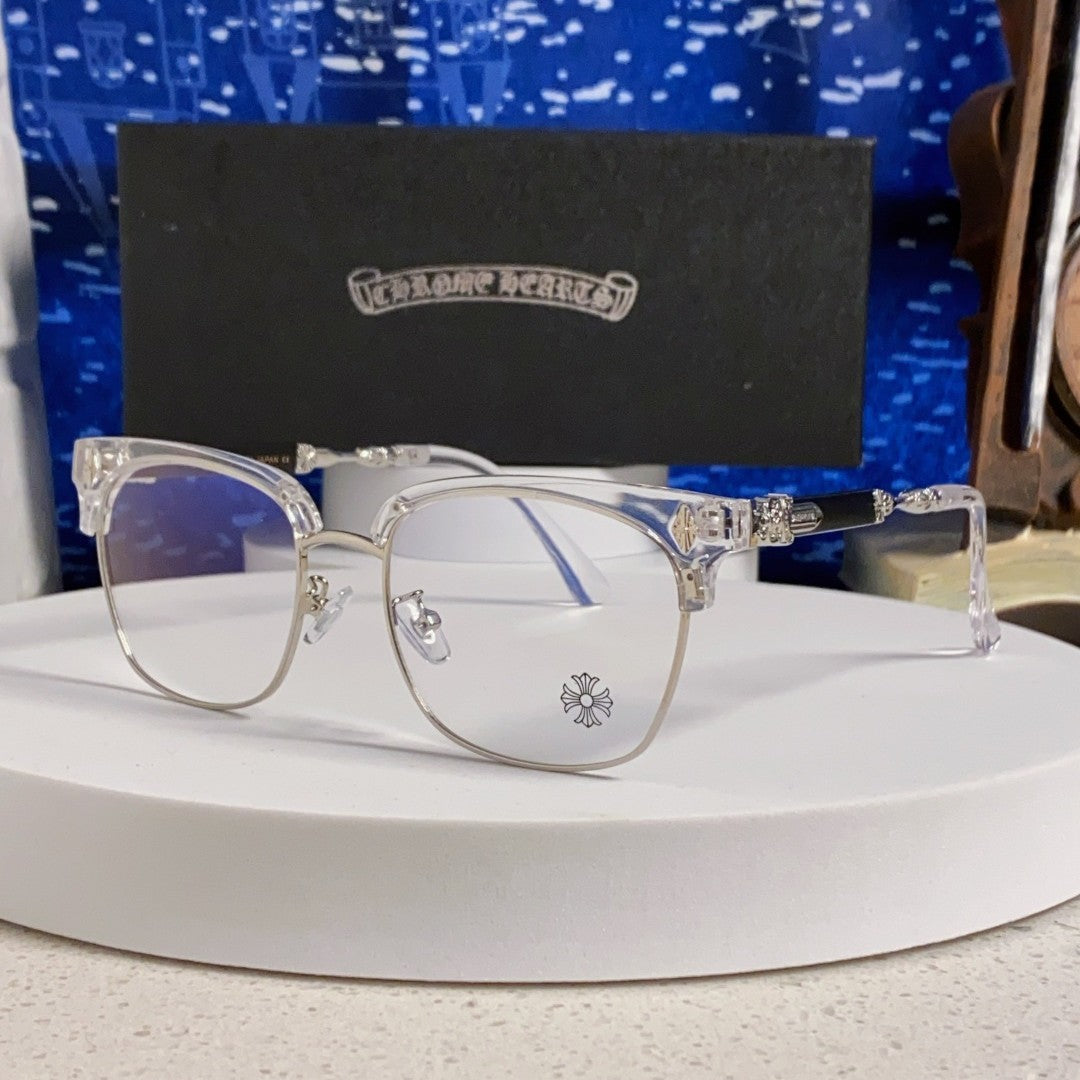 CHROME HEARTS クロムハーツ レトロハーフリム メガネフレーム 大きめスクエア ブルーライトカット クリア×シルバー×ブラック T-EW-GL01-CH-17662