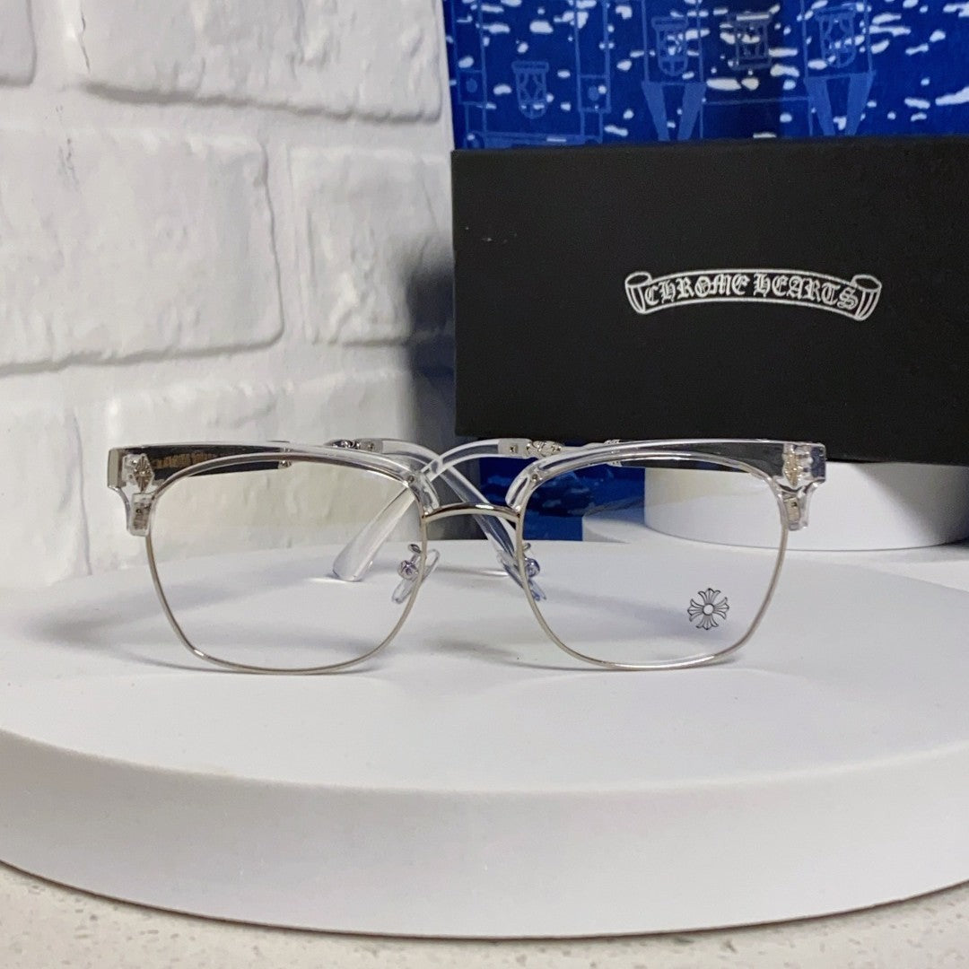 CHROME HEARTS クロムハーツ レトロハーフリム メガネフレーム 大きめスクエア ブルーライトカット クリア×シルバー×ブラック T-EW-GL01-CH-17662