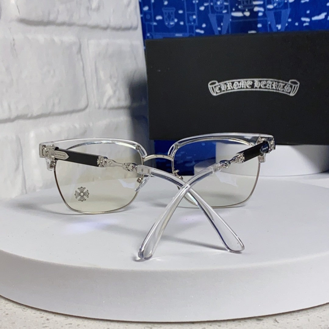 CHROME HEARTS クロムハーツ レトロハーフリム メガネフレーム 大きめスクエア ブルーライトカット クリア×シルバー×ブラック T-EW-GL01-CH-17662
