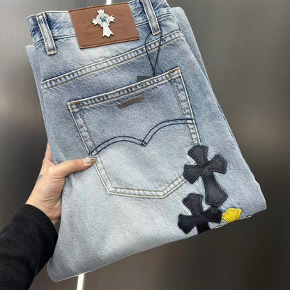 CHROME HEARTS クロムハーツ クロスレザーパッチ デニムパンツ ライトブルー ライトウォッシュ