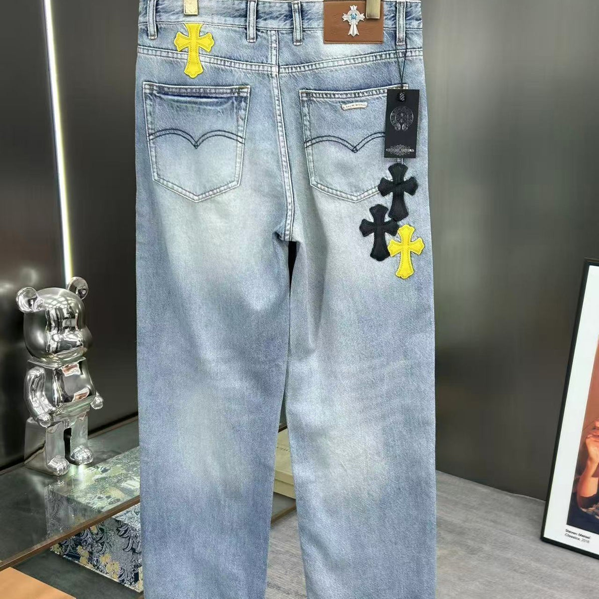 CHROME HEARTS クロムハーツ クロスレザーパッチ デニムパンツ ライトブルー ライトウォッシュ