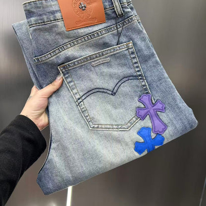 CHROME HEARTS クロムハーツ クロスレザーパッチ デニムパンツ ライトグレーブルー ウォッシュド