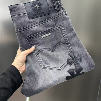 CHROME HEARTS クロムハーツ クロスレザーパッチ デニムパンツ スモークグレー ウォッシュド