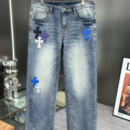 CHROME HEARTS クロムハーツ クロスレザーパッチ デニムパンツ ライトグレーブルー ウォッシュド