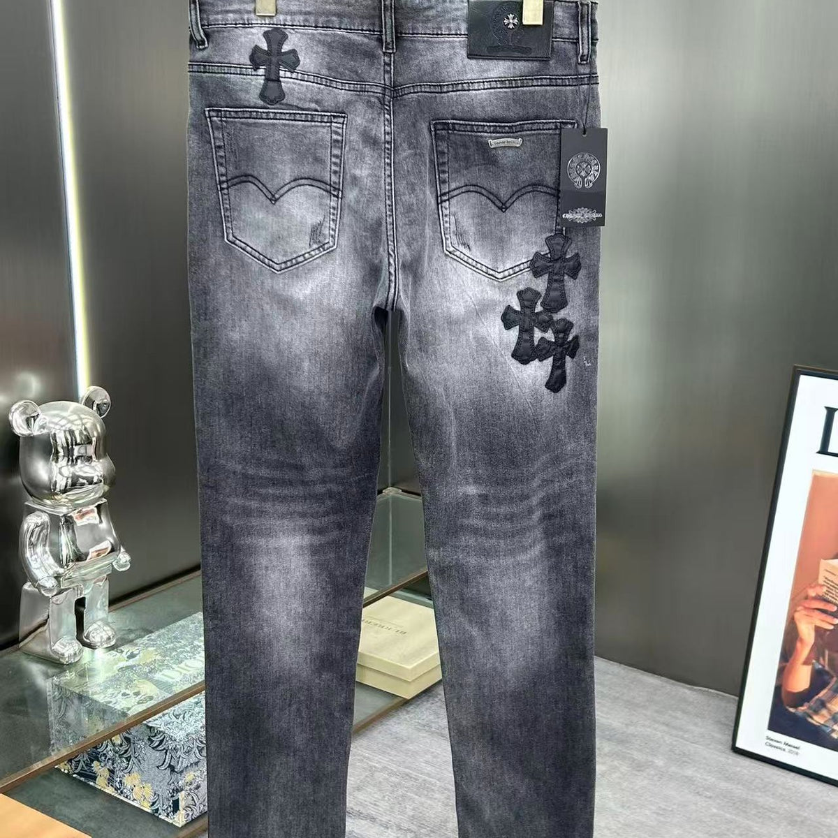 CHROME HEARTS クロムハーツ クロスレザーパッチ デニムパンツ スモークグレー ウォッシュド