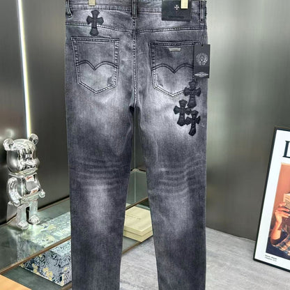 CHROME HEARTS クロムハーツ クロスレザーパッチ デニムパンツ スモークグレー ウォッシュド