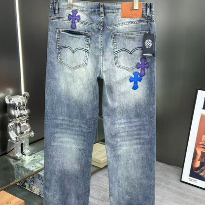 CHROME HEARTS クロムハーツ クロスレザーパッチ デニムパンツ ライトグレーブルー ウォッシュド