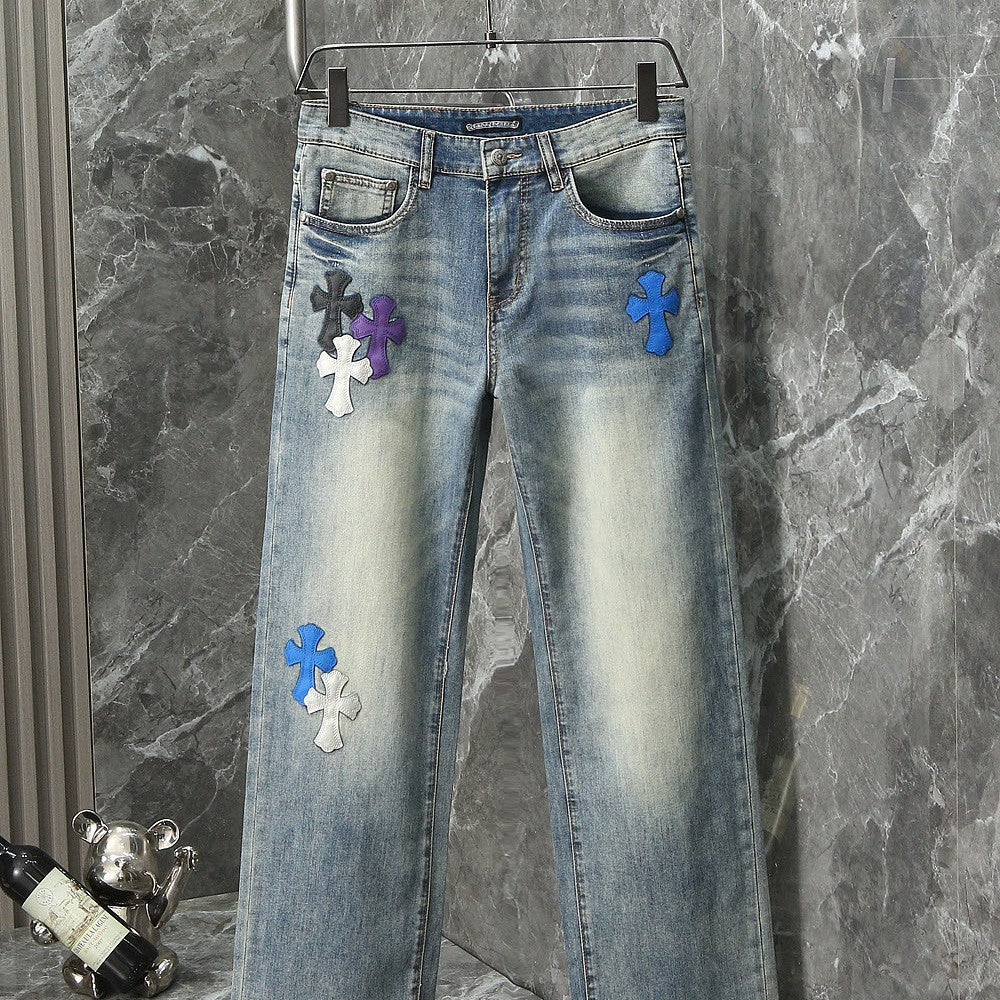 CHROME HEARTS クロムハーツ ワイドストレート デニムパンツ ライトブルー クロスレザーパッチ