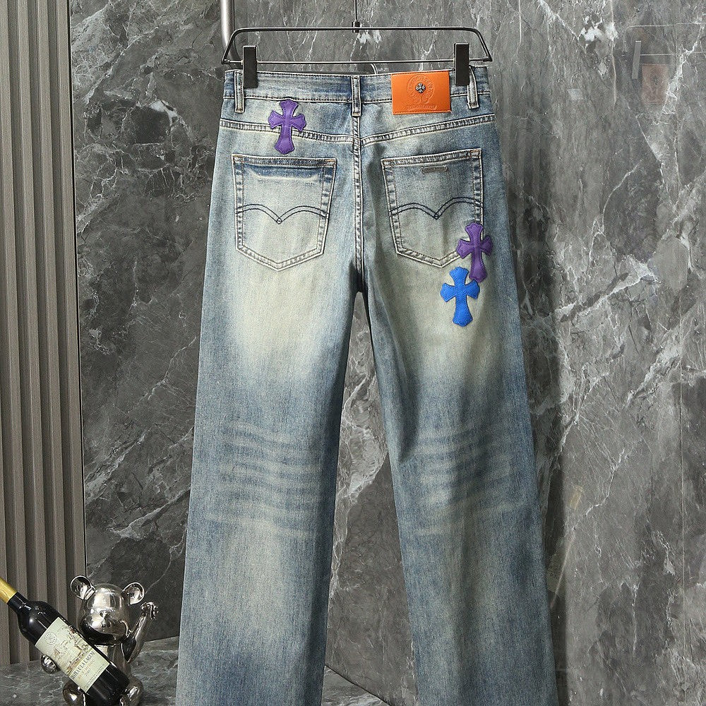 CHROME HEARTS クロムハーツ ワイドストレート デニムパンツ ライトブルー クロスレザーパッチ