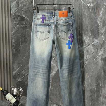 CHROME HEARTS クロムハーツ ワイドストレート デニムパンツ ライトブルー クロスレザーパッチ