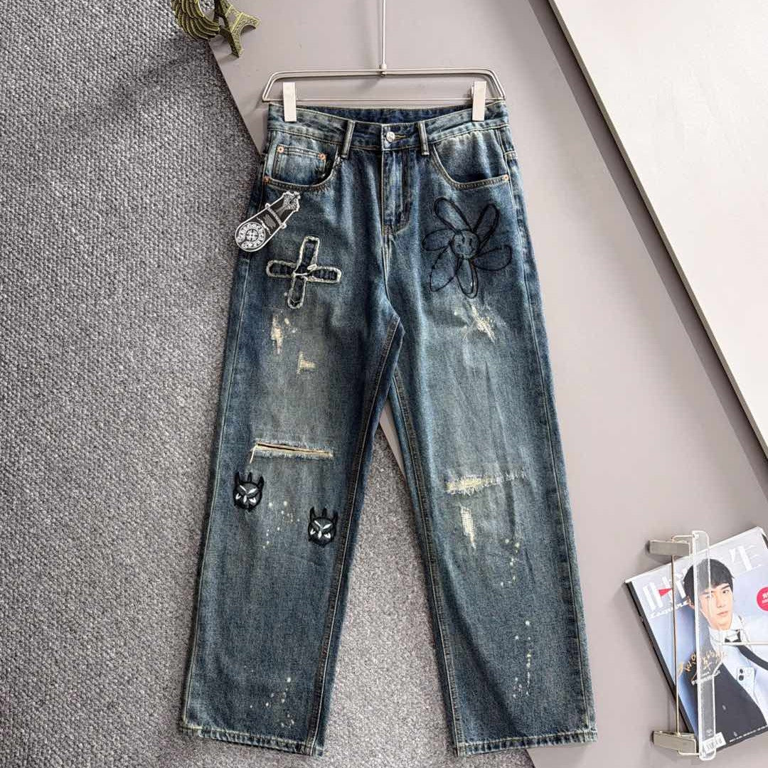 CHROME HEARTS クロムハーツ クロス刺繍 スマイルフラワー ストレート デニムパンツ ウォッシュドブルー