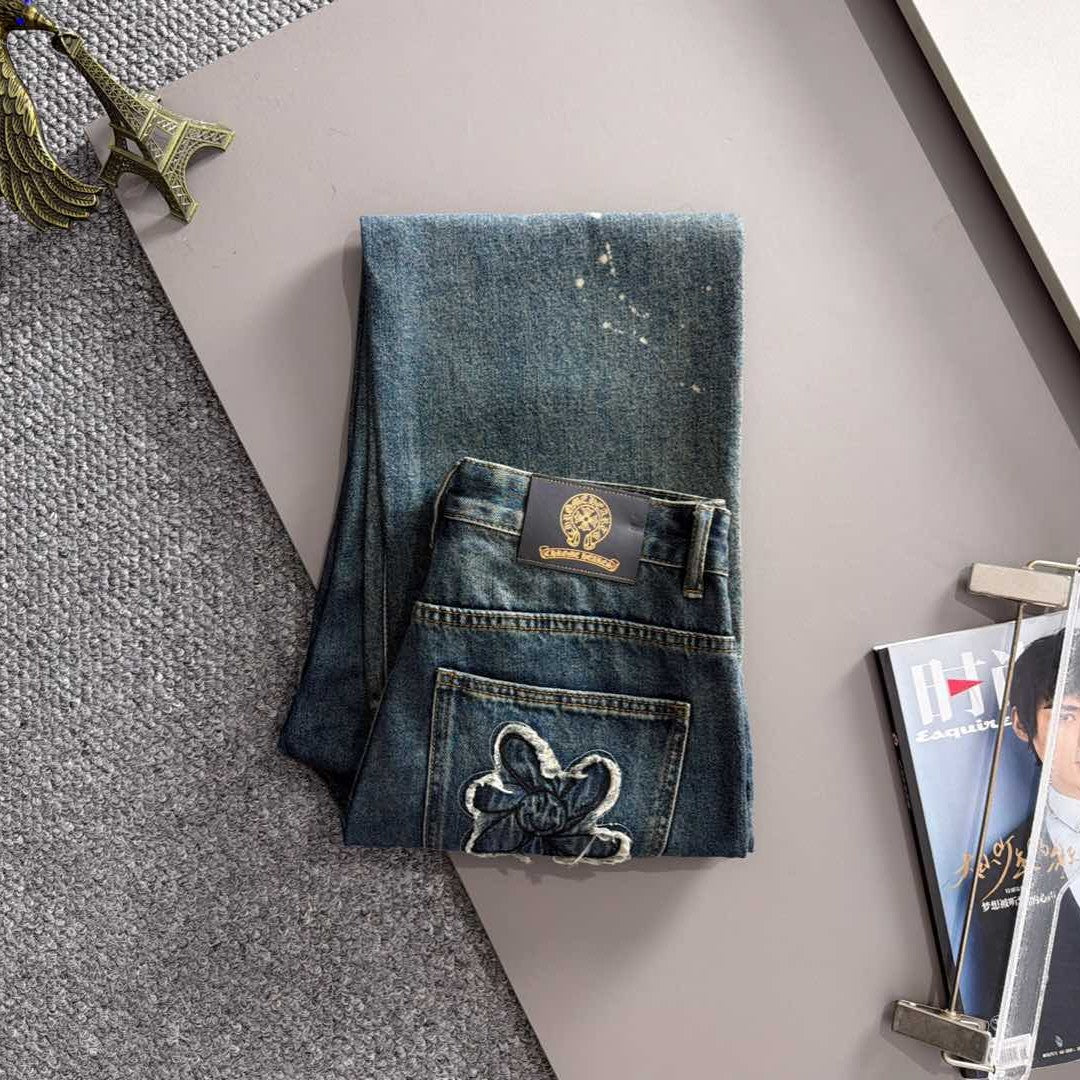 CHROME HEARTS クロムハーツ クロス刺繍 スマイルフラワー ストレート デニムパンツ ウォッシュドブルー