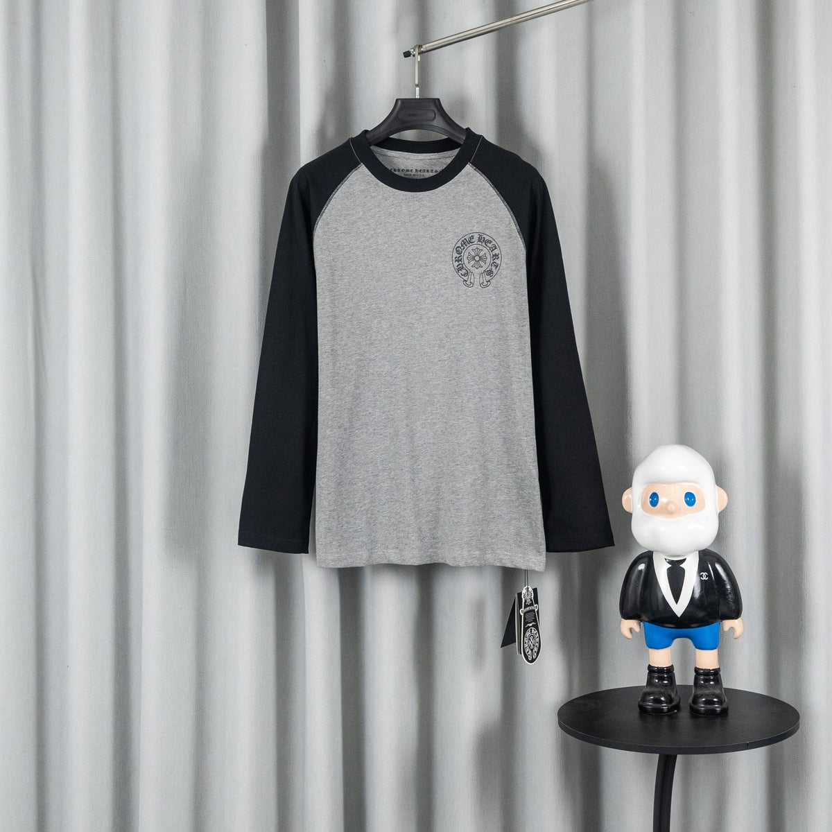 CHROME HEARTS クロムハーツ 26SS 春夏新作 配色ラグランスリーブ ユニセックス オーバーサイズ 長袖Tシャツ 杢グレー×ブラック