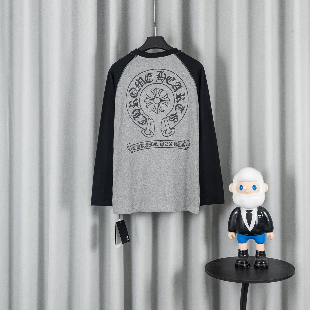 CHROME HEARTS クロムハーツ 26SS 春夏新作 配色ラグランスリーブ ユニセックス オーバーサイズ 長袖Tシャツ 杢グレー×ブラック