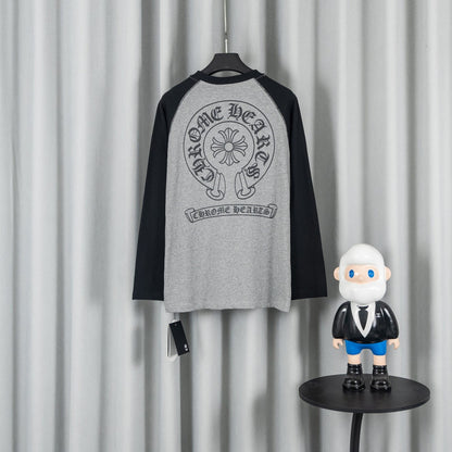 CHROME HEARTS クロムハーツ 26SS 春夏新作 配色ラグランスリーブ ユニセックス オーバーサイズ 長袖Tシャツ 杢グレー×ブラック