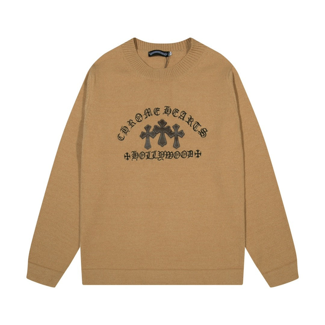Chrome Hearts クロムハーツ 十字架レザー五金刺繍 クルーネックセーター レッド/ブラウン/ブラック - Image 2
