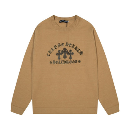 Chrome Hearts クロムハーツ 十字架レザー五金刺繍 クルーネックセーター レッド/ブラウン/ブラック - Image 2