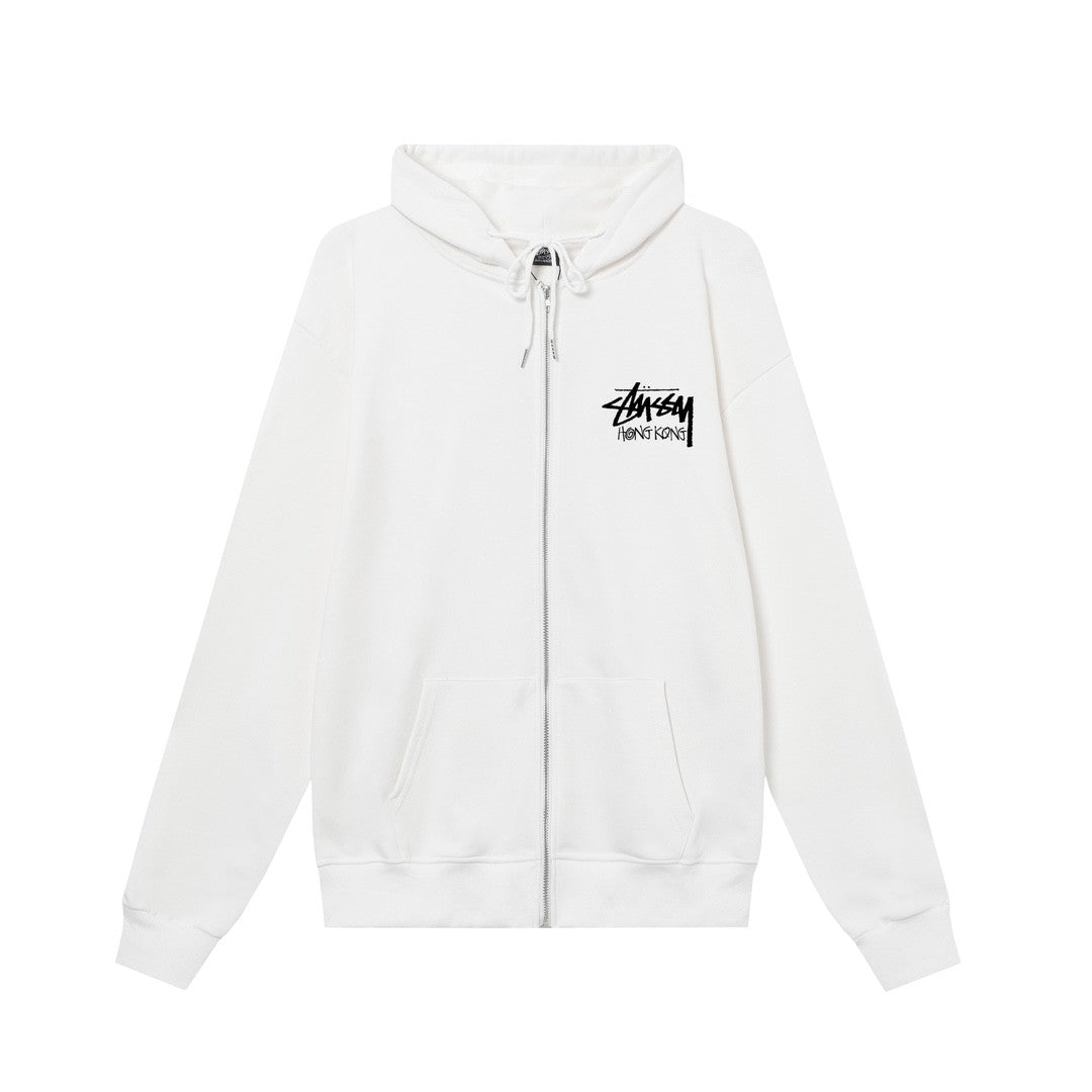 STUSSY スタシー 香港限定プリント ユニセックスジッパーフードジャケット ホワイト/ネイビー/グレー
