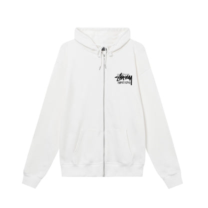 STUSSY スタシー 香港限定プリント ユニセックスジッパーフードジャケット ホワイト/ネイビー/グレー