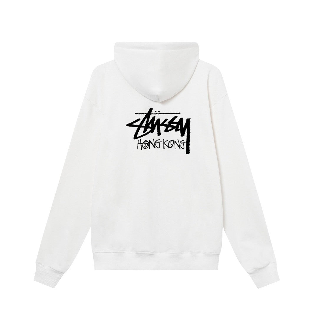 STUSSY スタシー 香港限定プリント ユニセックスジッパーフードジャケット ホワイト/ネイビー/グレー
