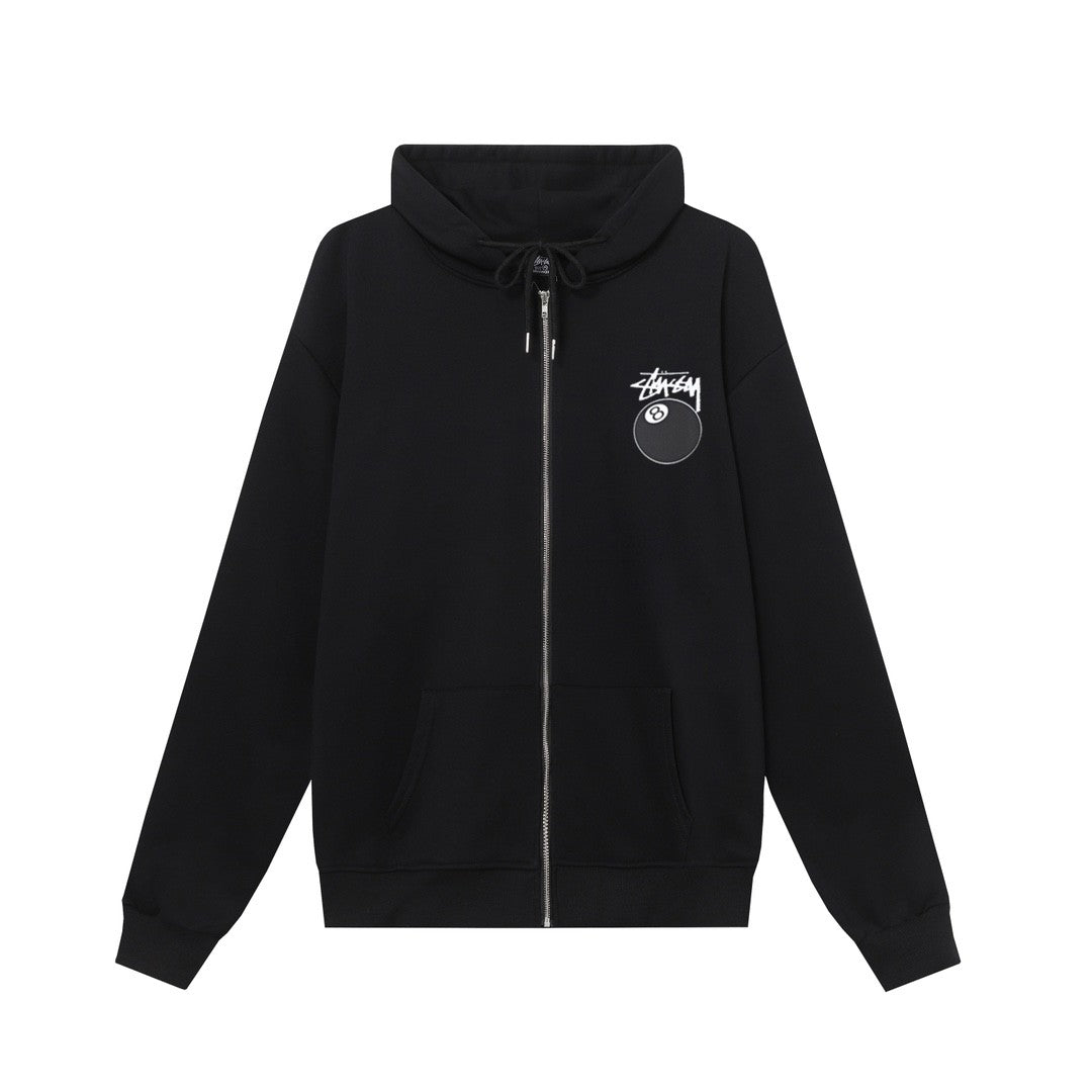 STUSSY スタッシー ブラック8シリーズ プリント 男女兼用 ジップアップフーデッドジャケット HN321 ブラック/ホワイト
