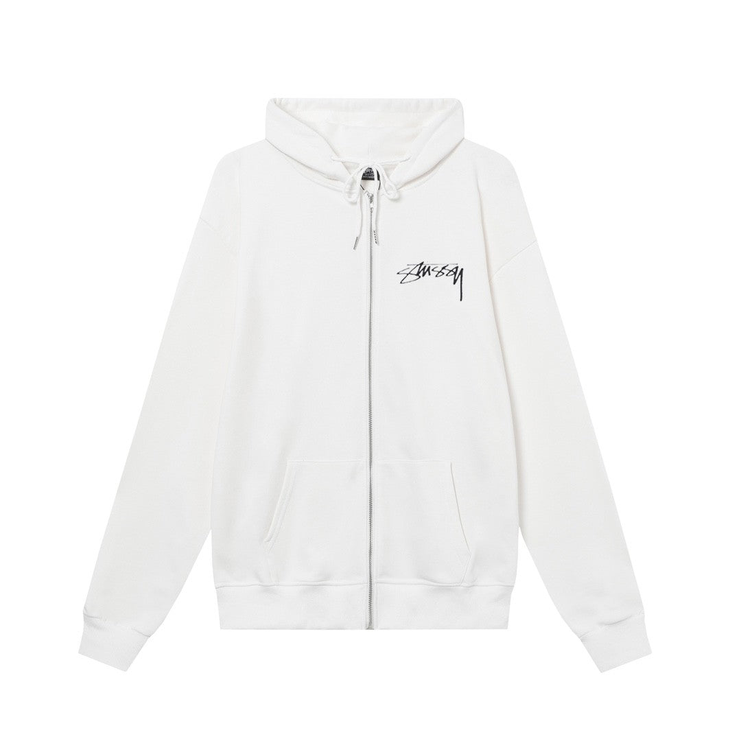 STUSSY ユニセックス ジップアップフーディー（スパイダー＆ブラック8ボール グラフィックプリント）(HN329) – ブラック/ホワイト/ネイビー/グレー