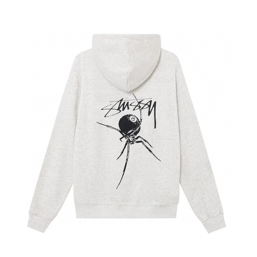 STUSSY ユニセックス ジップアップフーディー（スパイダー＆ブラック8ボール グラフィックプリント）(HN329) – ブラック/ホワイト/ネイビー/グレー