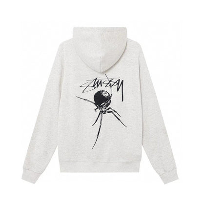 STUSSY ユニセックス ジップアップフーディー（スパイダー＆ブラック8ボール グラフィックプリント）(HN329) – ブラック/ホワイト/ネイビー/グレー