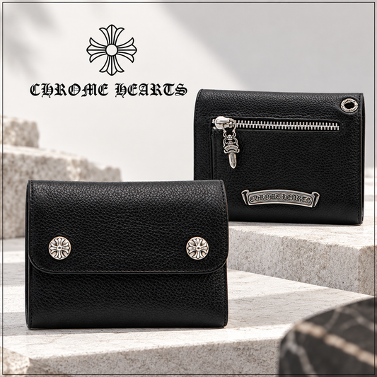 CHROME HEARTS クロムハーツ ウェーブウォレット クロスボタン ブラック ヘビーレザー ミニ財布 レザーウォレット 財布 メンズ レディース CHROMEBAGS001