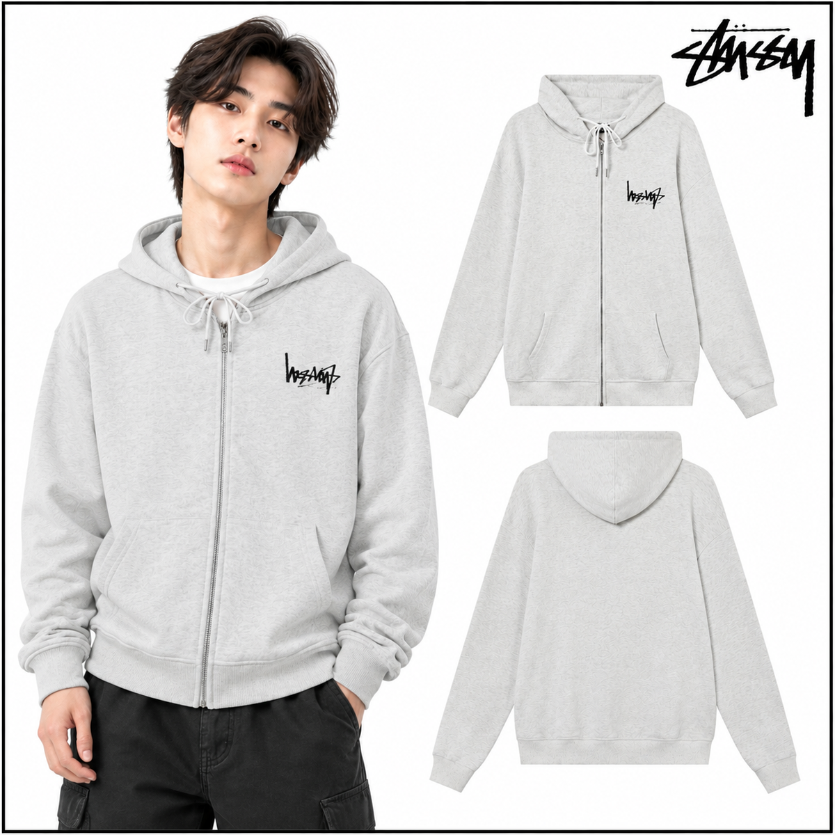 STUSSY スタッシー リバースレタープリント 男女兼用 フード付きフルジップウェア HN303 灰