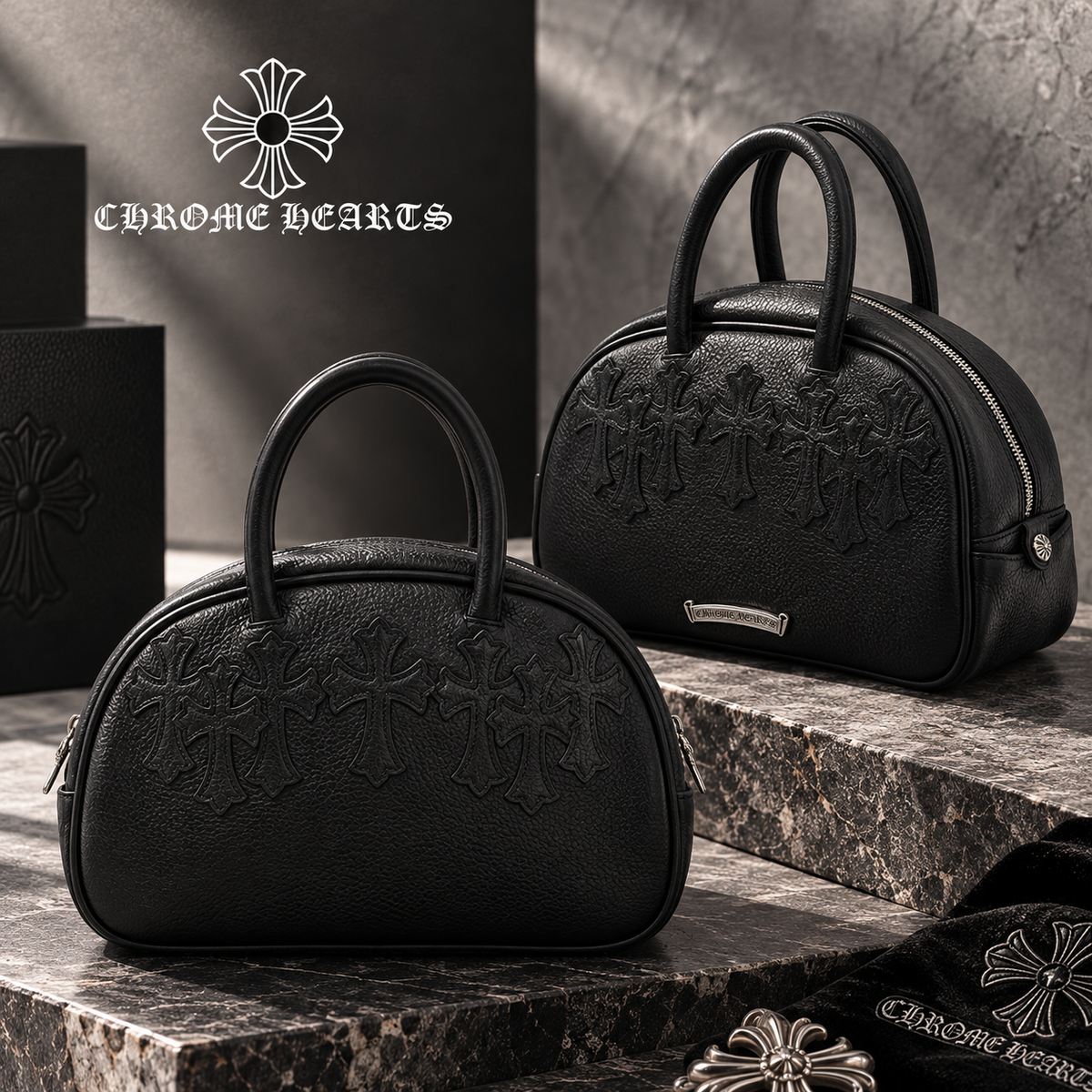 CHROME HEARTS クロムハーツ ジムバッグ スモール セメタリークロスパッチ レザーバッグ メンズ レディース CH2005