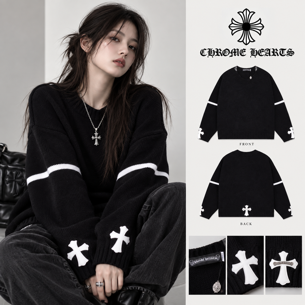 Chrome Hearts クロムハーツのオープンネックレザー＆メタルディテールニットセーター - Image 1