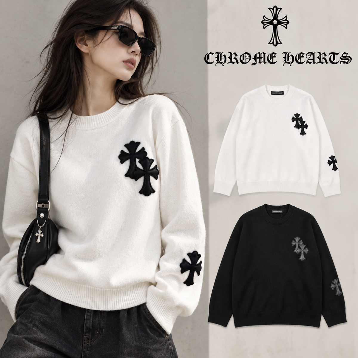Chrome Hearts クロムハーツ クロスデザイン 丸首セーター TM1233 ホワイト/ブラック - Image 1