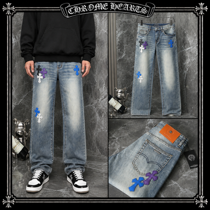 CHROME HEARTS クロムハーツ ワイドストレート デニムパンツ ライトブルー クロスレザーパッチ