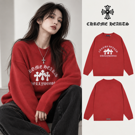 Chrome Hearts クロムハーツ 十字架レザー五金刺繍 クルーネックセーター - Image 1