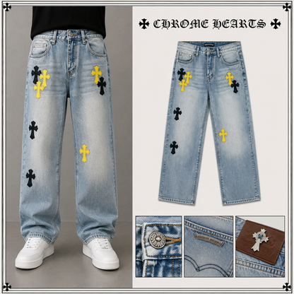 CHROME HEARTS クロムハーツ クロスレザーパッチ デニムパンツ ライトブルー ライトウォッシュ