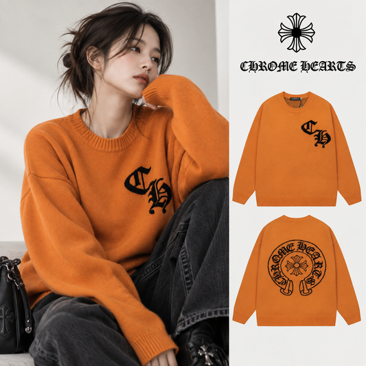 Chrome Hearts クロムハーツの定番ホースシュー型クルーネックセーター、オレンジ - Image 1