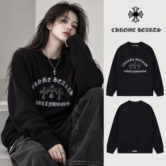 Chrome Hearts クロムハーツ 十字架レザーハードウェア刺繍丸首セーター レッド/ブラウン/ブラック - Image 1
