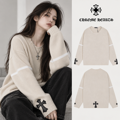 Chrome Hearts クロムハーツ 破洞デザイン リーザー十字マーク ニットセーター ブルー/ベージュ/ブラック - Image 1