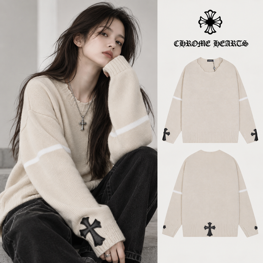Chrome Hearts クロムハーツ 破洞デザイン リーザー十字マーク ニットセーター ブルー/ベージュ/ブラック - Image 1