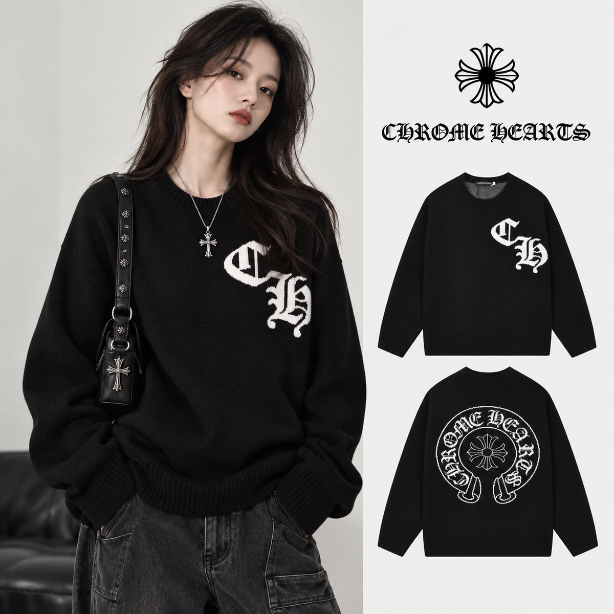 Chrome Hearts クロームハーツ クラシック ホースシュー デザイン 丸首 ウールセーター オレンジ/ブラック - Image 1
