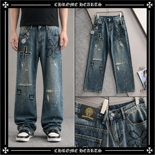 CHROME HEARTS クロムハーツ クロス刺繍 スマイルフラワー ストレート デニムパンツ ウォッシュドブルー