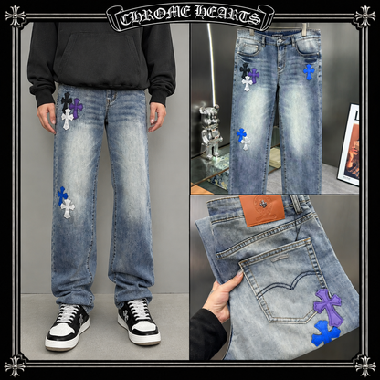 CHROME HEARTS クロムハーツ クロスレザーパッチ デニムパンツ ライトグレーブルー ウォッシュド